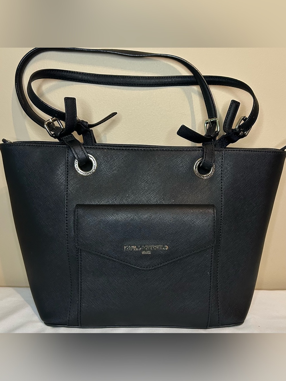 Karl Lagerfeld Black Structured Saffiano Shoulder Bag with Silver Hardware